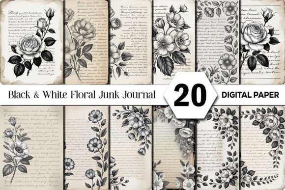 Black & White Shabby Floral Junk Journal: Elegant Vintage Design Assets