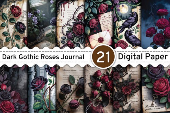 Dark Gothic Roses Junk Journal Pages: Moody, Romantic Design Assets